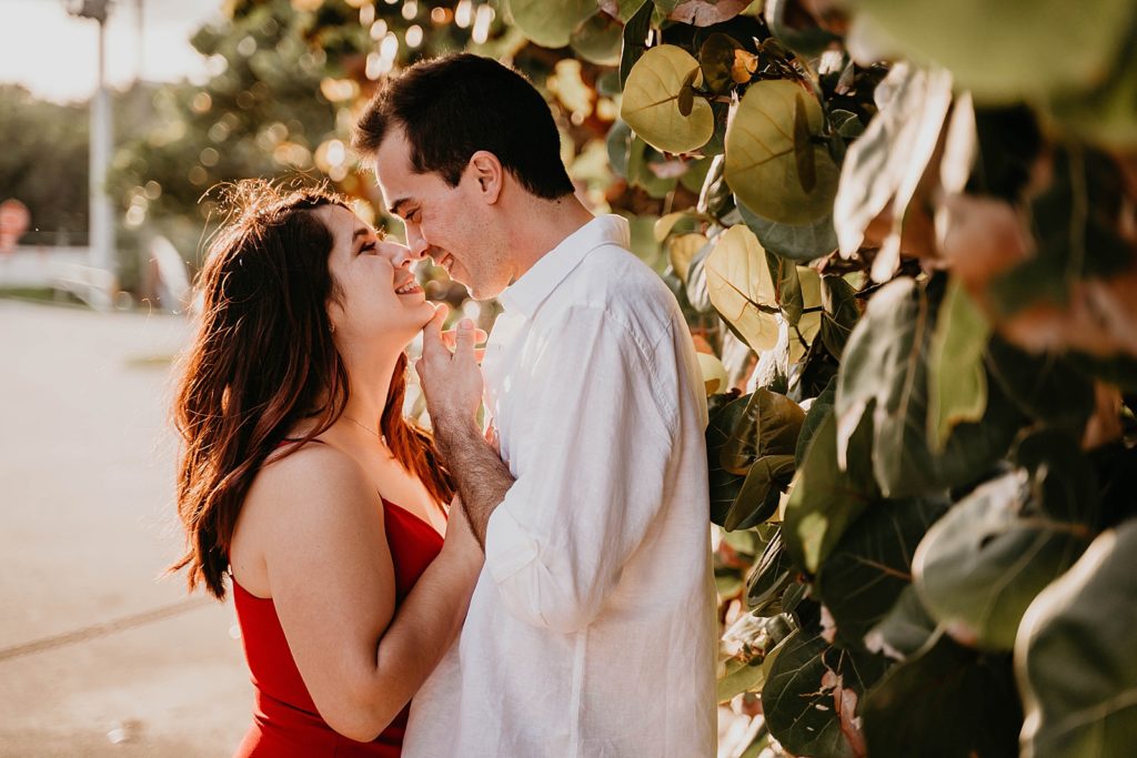 Couple nuzzle their noses by green round leafs Palm Beach Engagement Photography captured by South Florida Engagement Photographer Krystal Capone Photography 