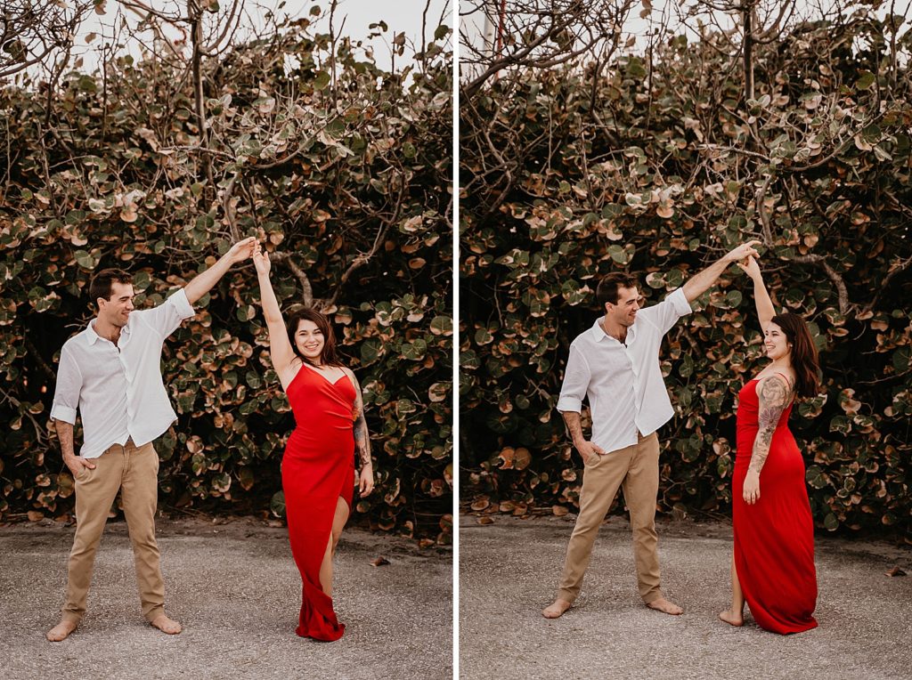 Couple pirouetting barefoot by greenery Palm Beach Engagement Photography captured by South Florida Engagement Photographer Krystal Capone Photography 