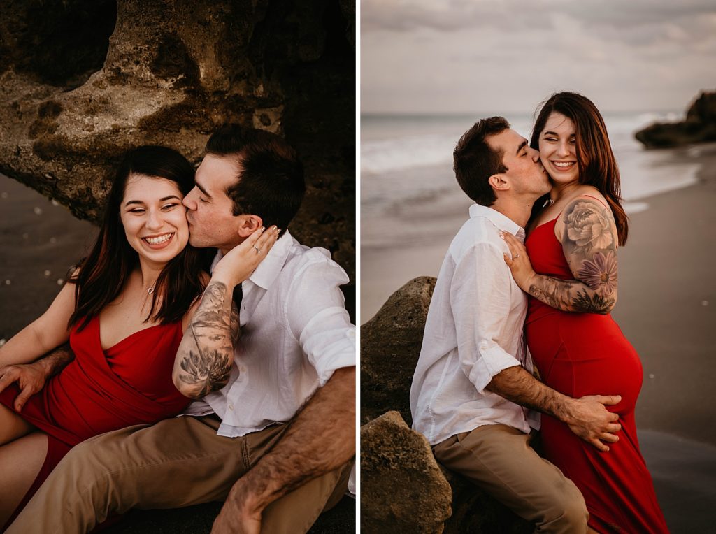 Man kisses lady on the cheek on the beach Palm Beach Engagement Photography captured by South Florida Engagement Photographer Krystal Capone Photography 