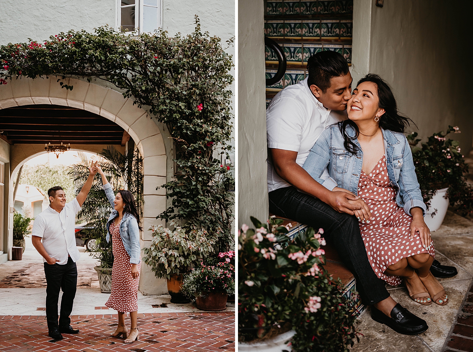 Couple holding hands and raising them up in the air and sitting together on stairway Palm Beach Island Engagement Photography captured by South Florida Engagement Photographer Krystal Capone Photography 