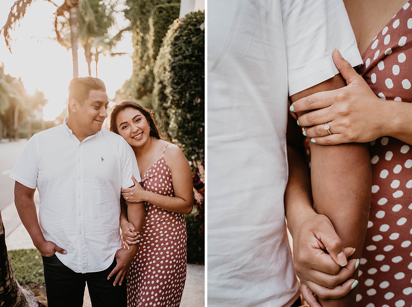 Couple standing together with woman holding man showing off engagement ring Palm Beach Island Engagement Photography captured by South Florida Engagement Photographer Krystal Capone Photography 