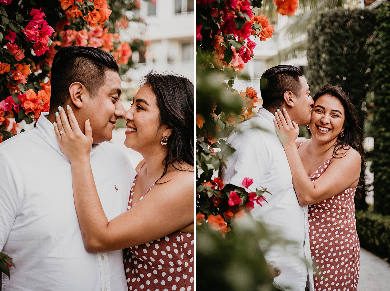 Couple nuzzling and holding each other by flowers Palm Beach Island Engagement Photography captured by South Florida Engagement Photographer Krystal Capone Photography 