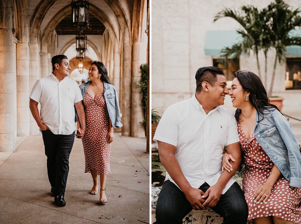 Couple holding hands walking in the breezeway Palm Beach Island Engagement Photography captured by South Florida Engagement Photographer Krystal Capone Photography 