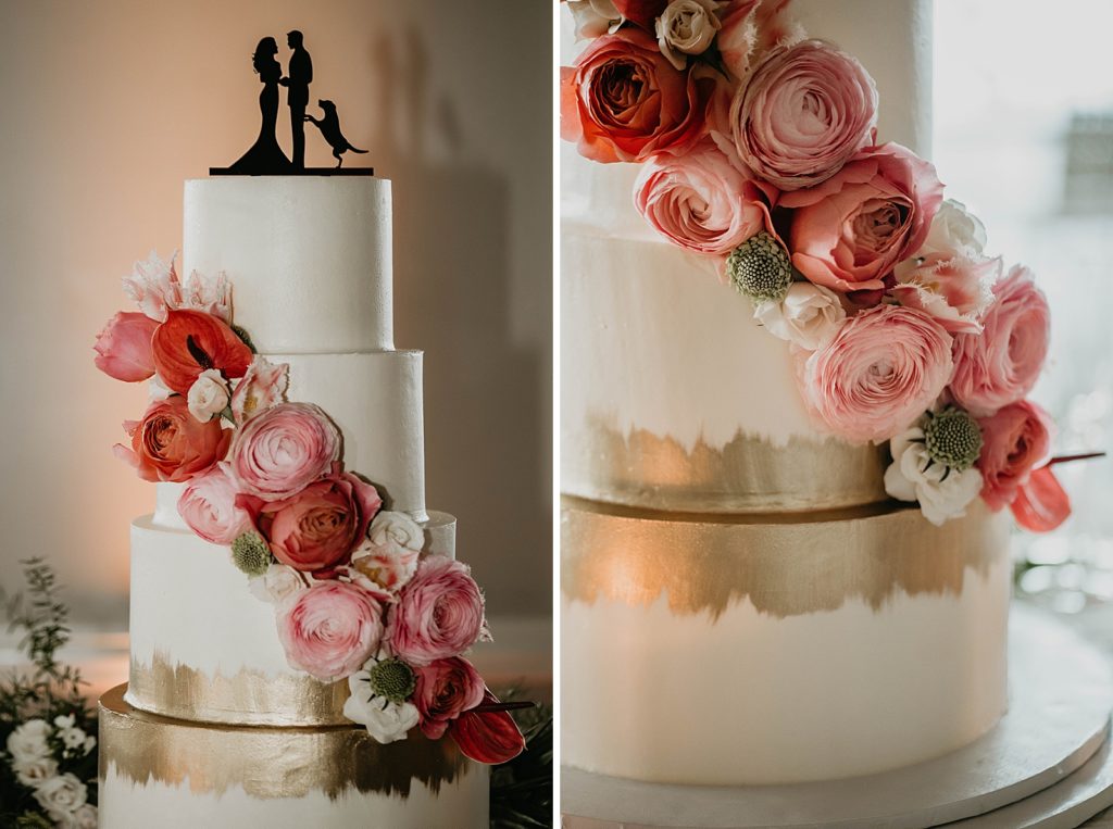Detail shot of wedding cake with flowers and Bride Groom and dog cake topper Pelican Club Wedding Photography captured by South Florida Wedding Photographer Krystal Capone Photography 