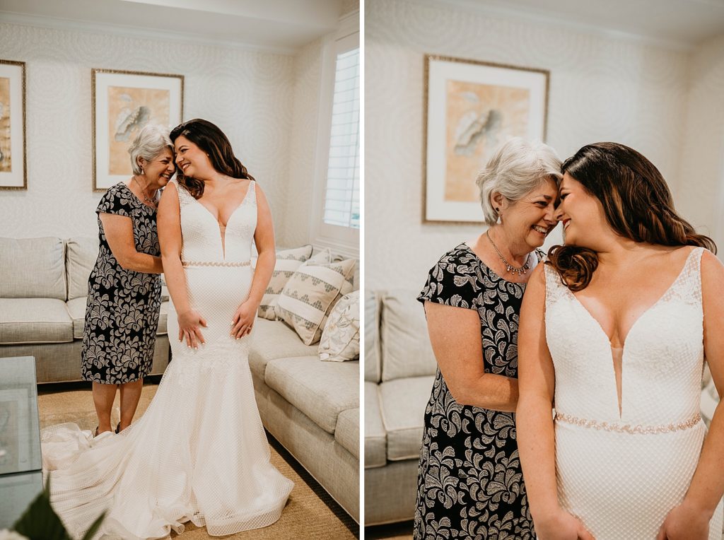 Bride getting help from mother putting on wedding dress Getting Ready Pelican Club Wedding Photography captured by South Florida Wedding Photographer Krystal Capone Photography 
