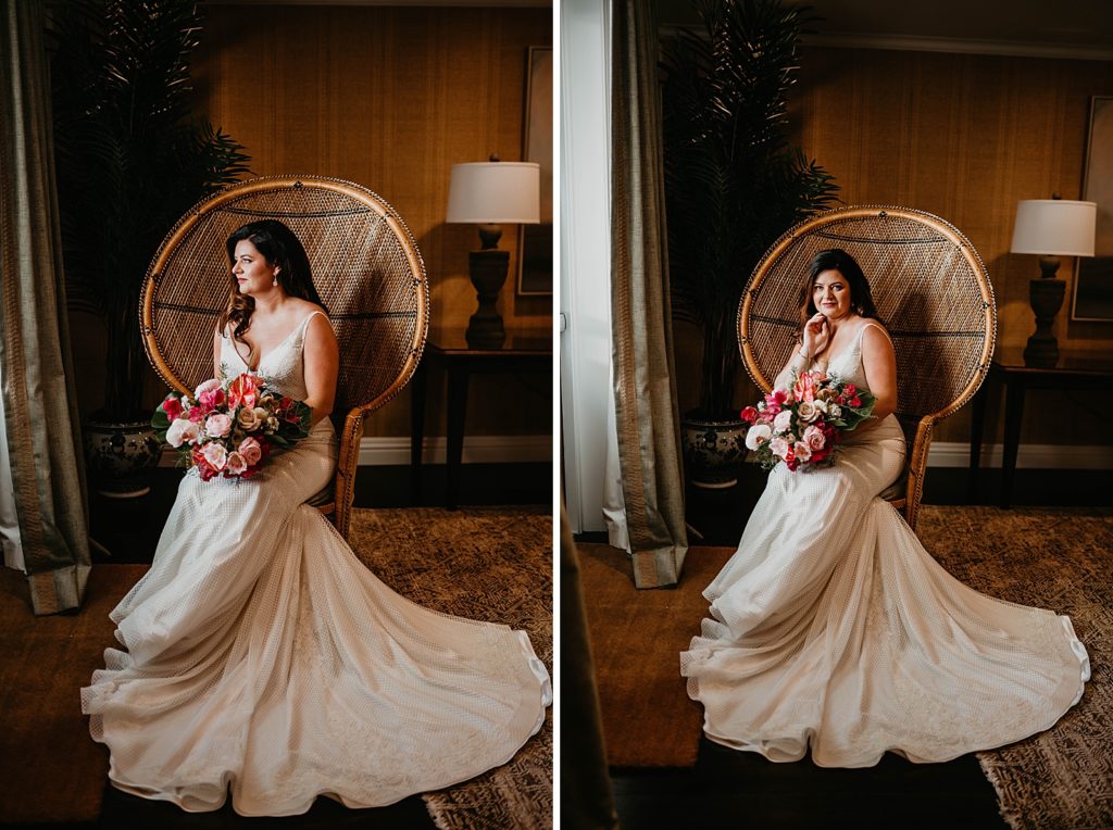 Bride sitting in chair with tropical bouquet Pelican Club Wedding Photography captured by South Florida Wedding Photographer Krystal Capone Photography 