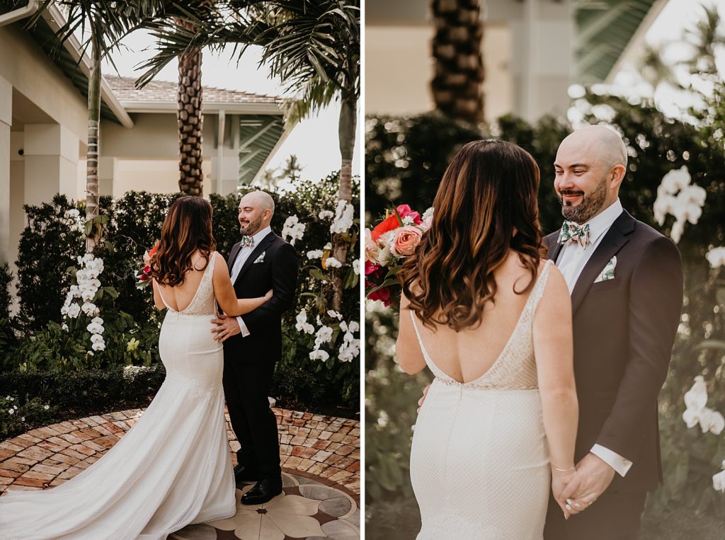 Groom's reaction to seeing bride for first look Pelican Club Wedding Photography captured by South Florida Wedding Photographer Krystal Capone Photography 