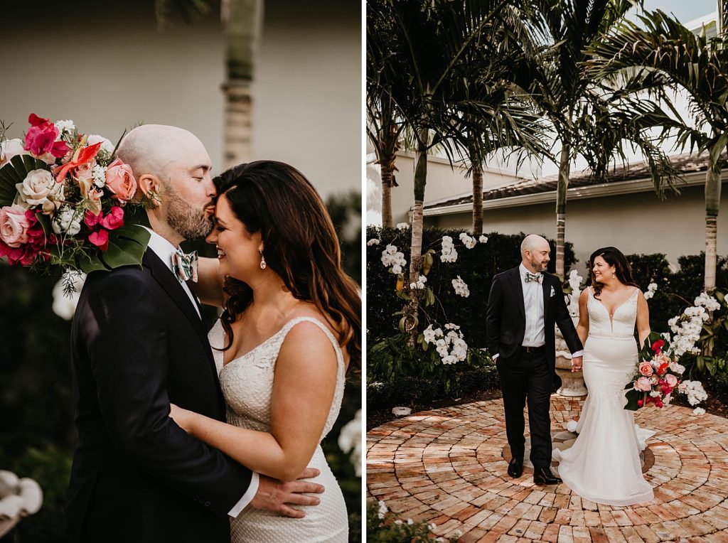 Groom kissing Bride on the forehead and holding her hand Pelican Club Wedding Photography captured by South Florida Wedding Photographer Krystal Capone Photography 
