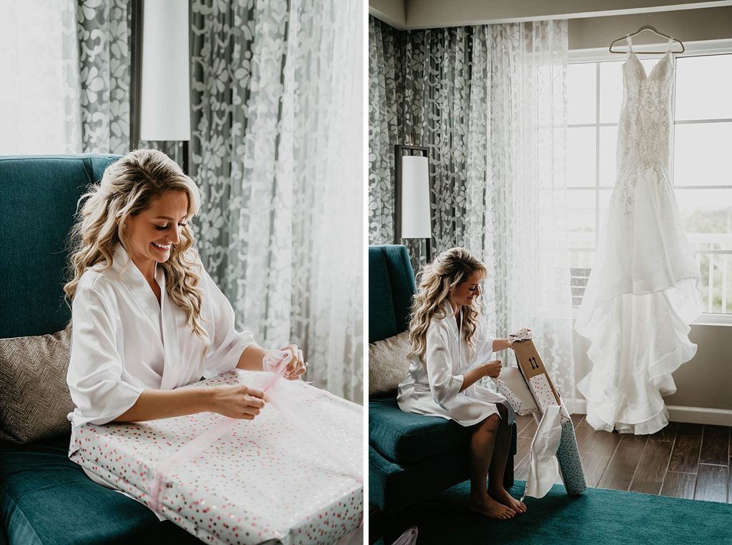 Bride opening gift before getting ready Pelican Club Wedding Photography captured by South Florida Wedding Photographer Krystal Capone Photography