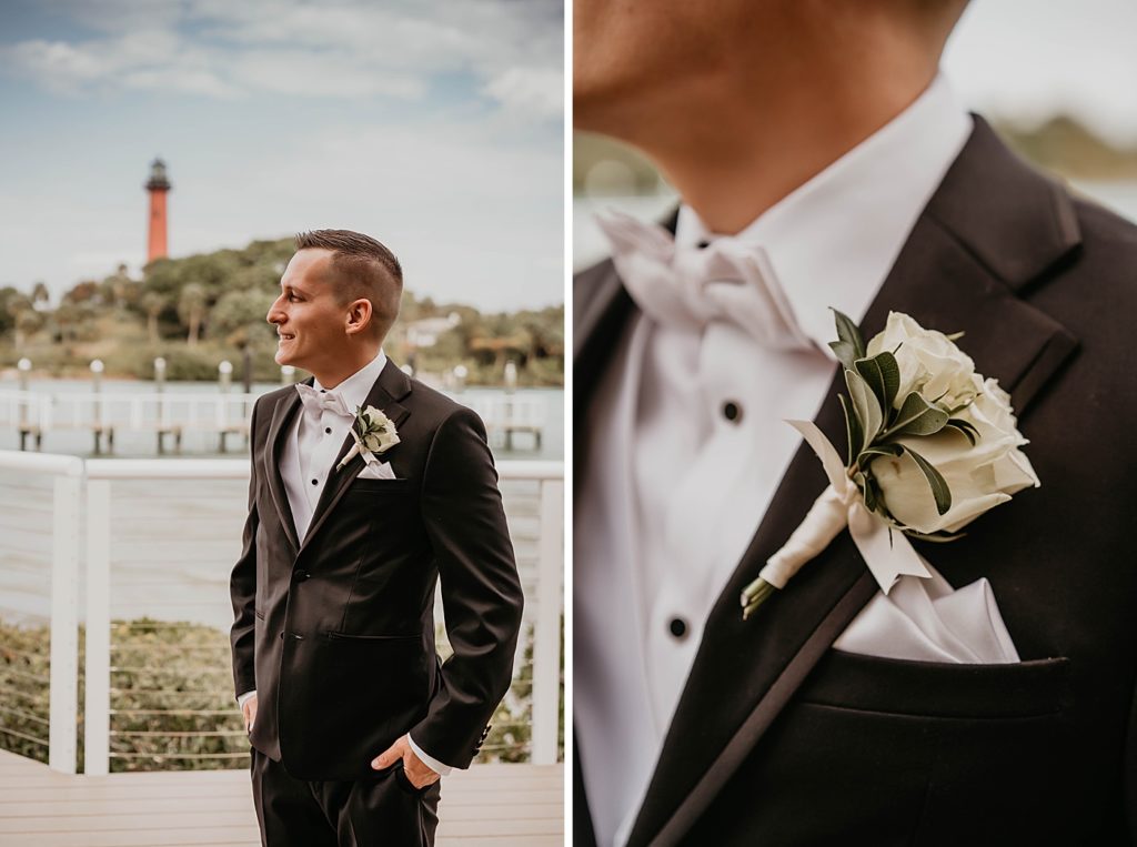 Portrait of Groom out by the dock with the lighthouse in the distance Pelican Club Wedding Photography captured by South Florida Wedding Photographer Krystal Capone Photography