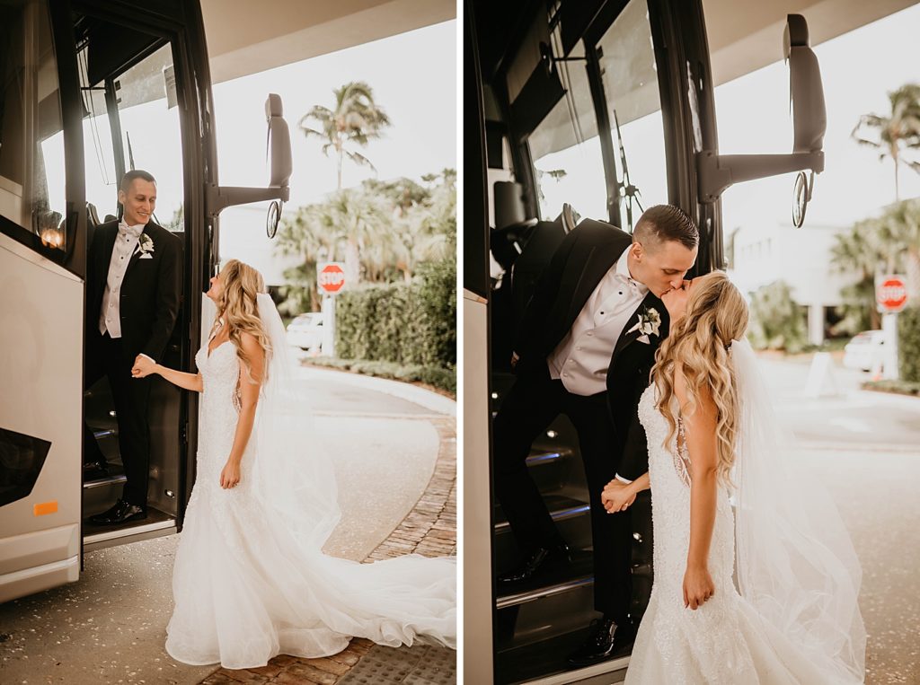 Bride and Groom entering bus and kissing Pelican Club Wedding Photography captured by South Florida Wedding Photographer Krystal Capone Photography