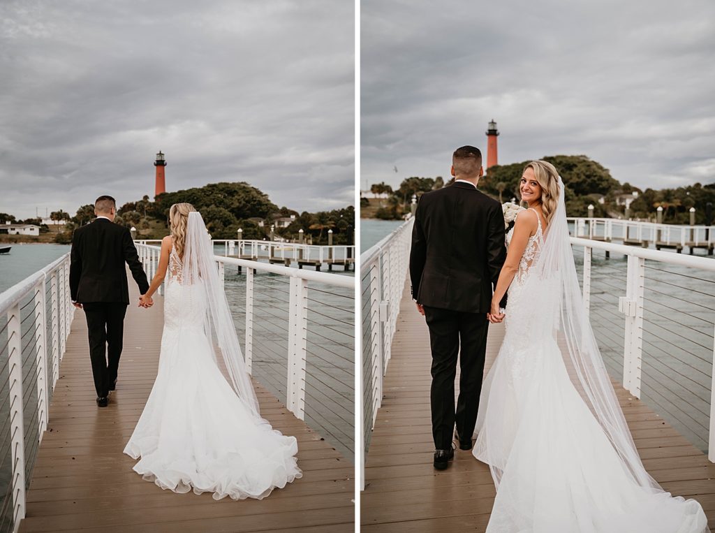 Bride and Groom walking together on ocean dock with Bride looking back Pelican Club Wedding Photography captured by South Florida Wedding Photographer Krystal Capone Photography