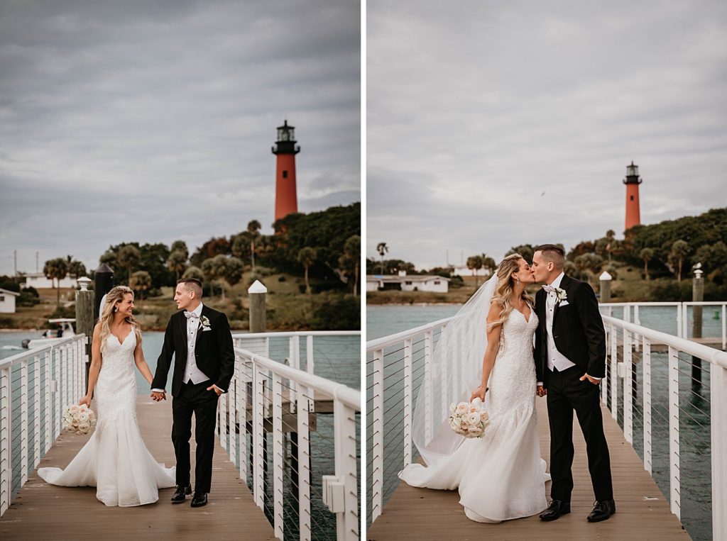 Bride and Groom holding hands walking together and kissing Pelican Club Wedding Photography captured by South Florida Wedding Photographer Krystal Capone Photography