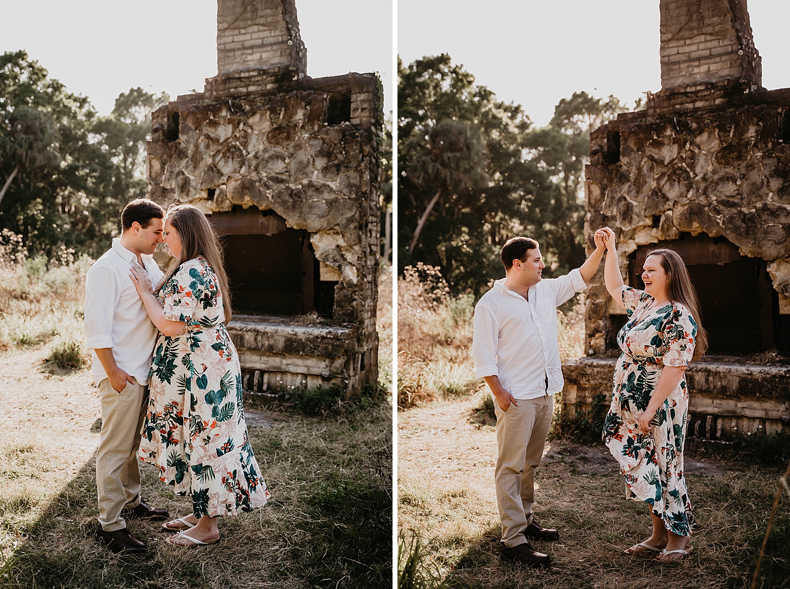 Couple nuzzling against each other and pirouetting by chimney ruins Riverbend Park Engagement Photography captured by South Florida Engagement Photographer Krystal Capone Photography 