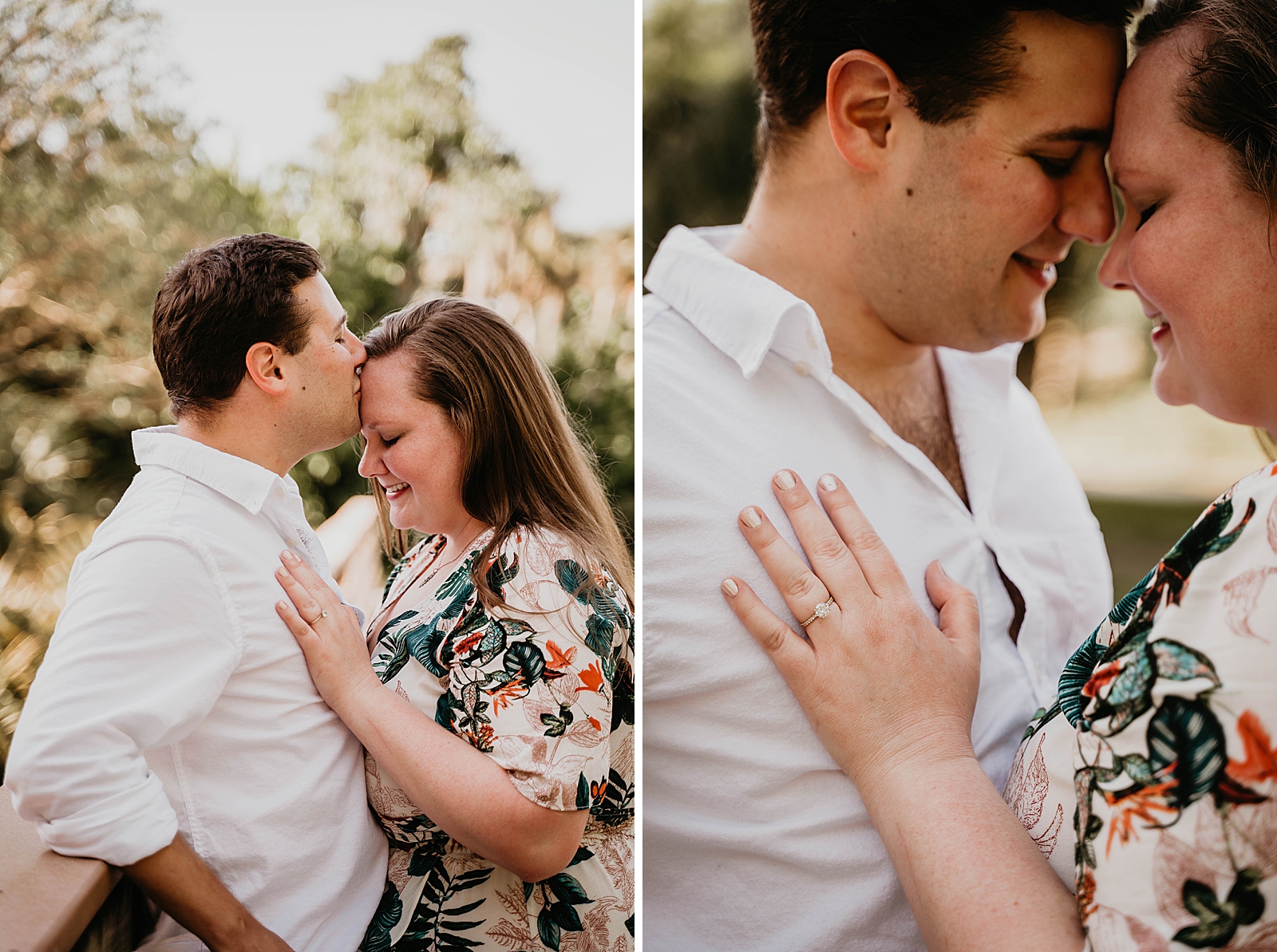 Man kisses lady's forehead as she puts hand on his chest showing off engagement ring Riverbend Park Engagement Photography captured by South Florida Engagement Photographer Krystal Capone Photography 