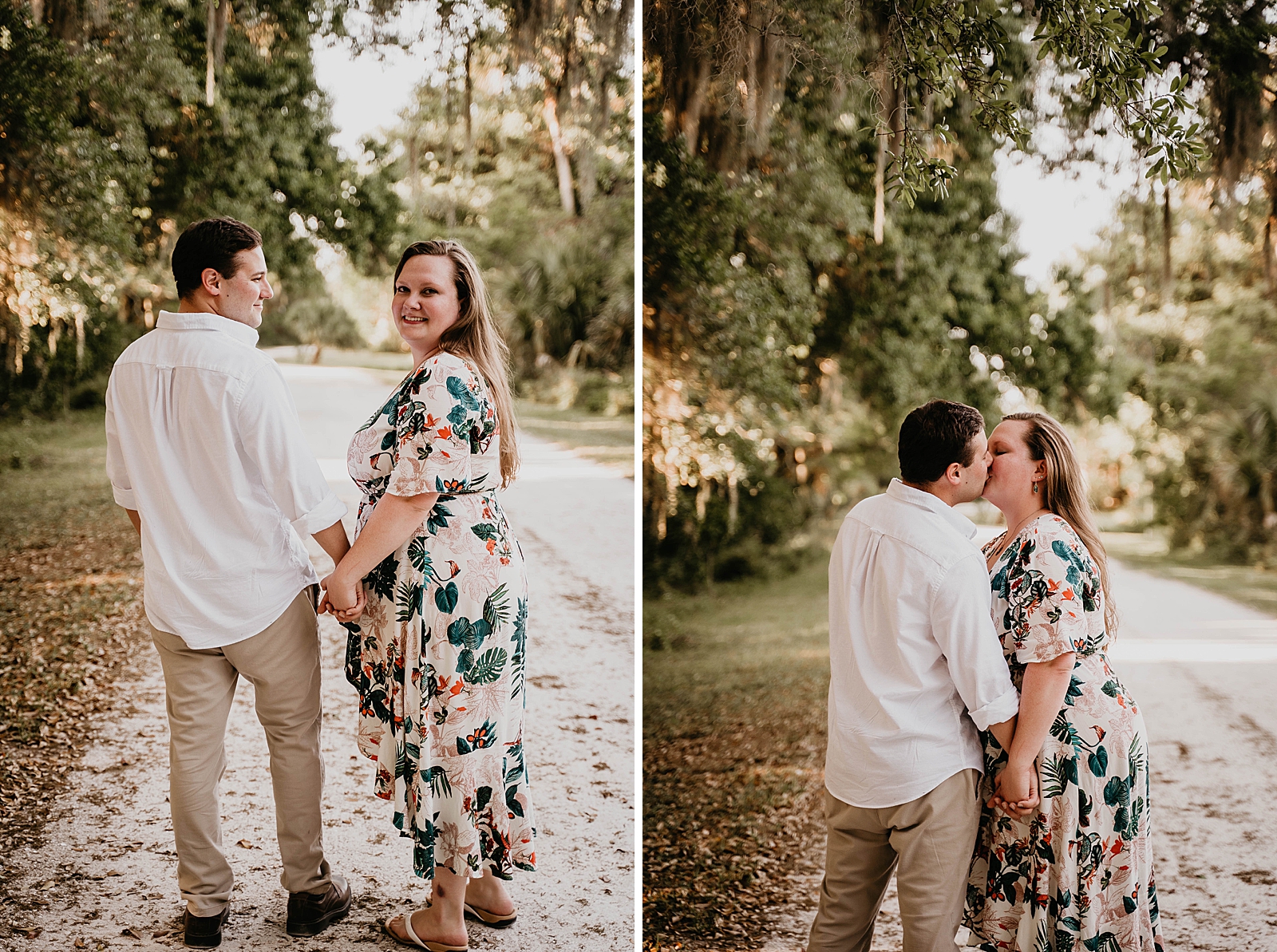 Couple holding hands and kissing strolling on dirt road Riverbend Park Engagement Photography captured by South Florida Engagement Photographer Krystal Capone Photography 