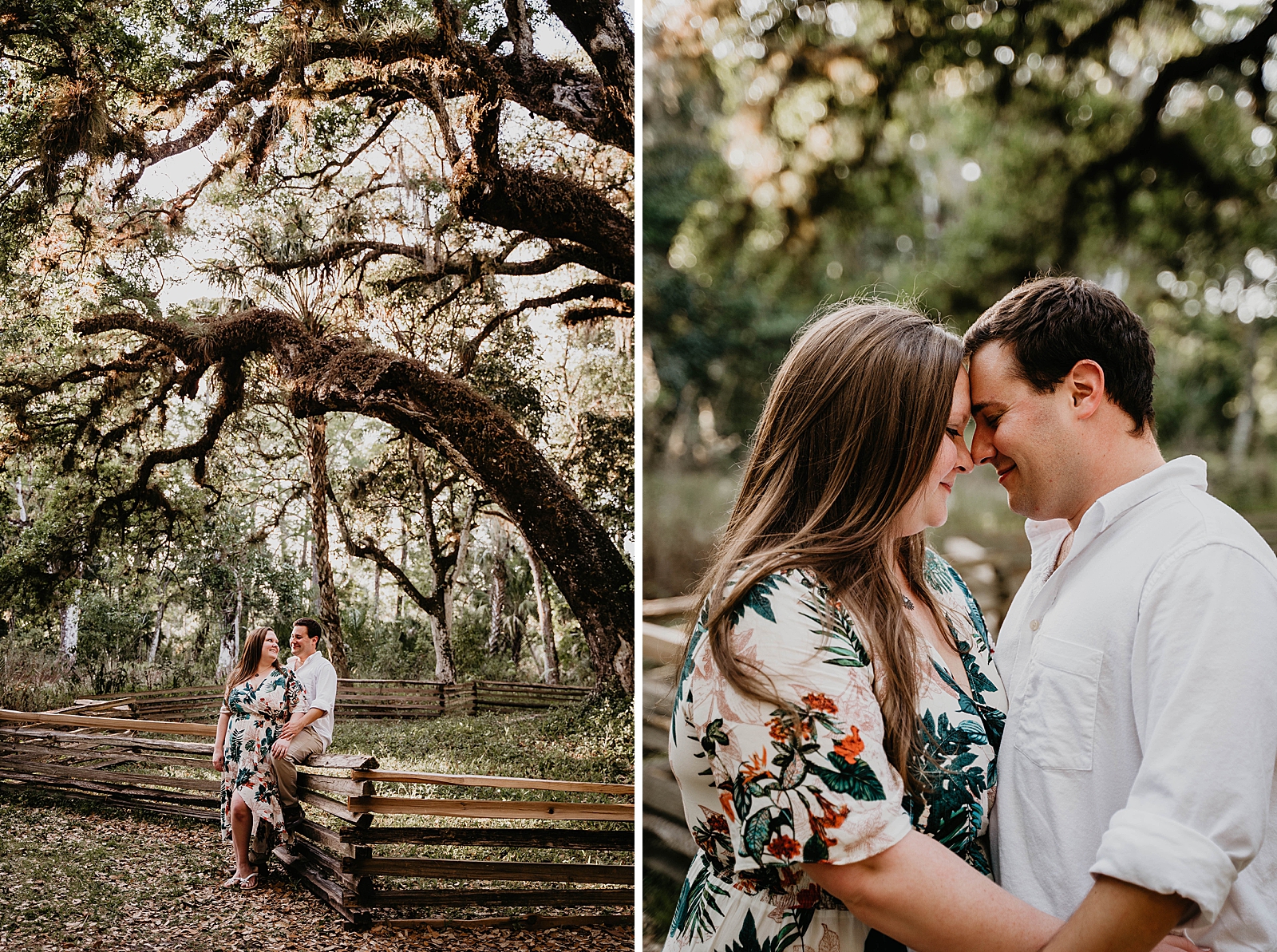 Couple sitting on forest wood fence and nuzzling Riverbend Park Engagement Photography captured by South Florida Engagement Photographer Krystal Capone Photography 