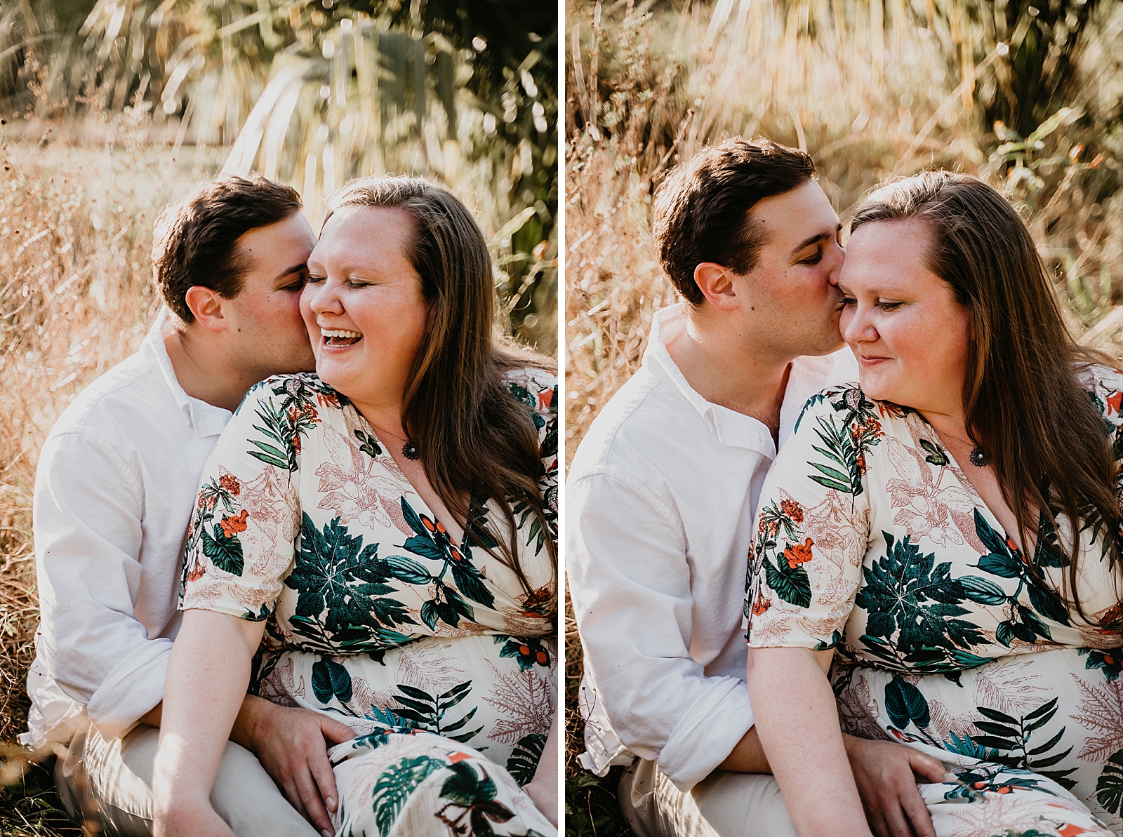 Man kisses lady on the cheek sitting on tall grass field Riverbend Park Engagement Photography captured by South Florida Engagement Photographer Krystal Capone Photography 