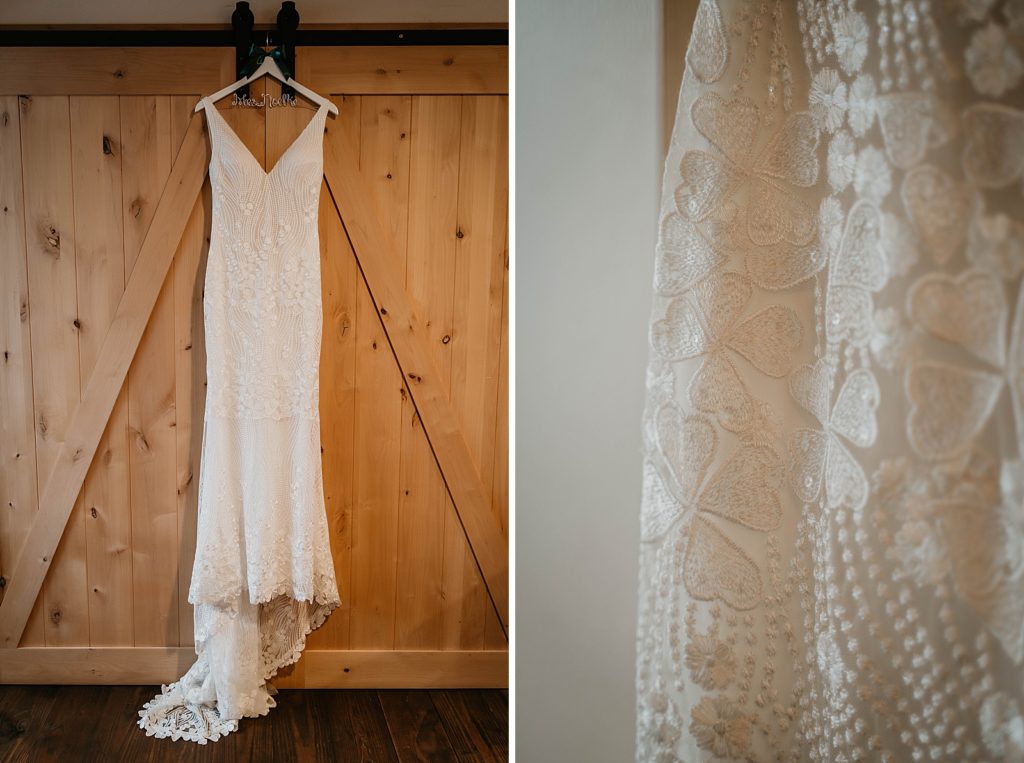 Detail shot of wedding dress hanging on personalized coat hanger The Lake House Fort Pierce Wedding Photography captured by South Florida Wedding Photographer Krystal Capone Photography 