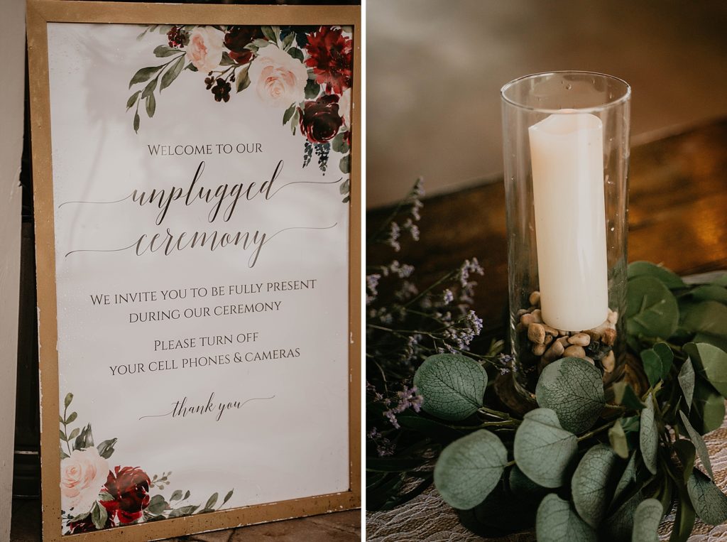 Detail shot of unplugged wedding sign and candle centerpiece The Lake House Fort Pierce Wedding Photography captured by South Florida Wedding Photographer Krystal Capone Photography 