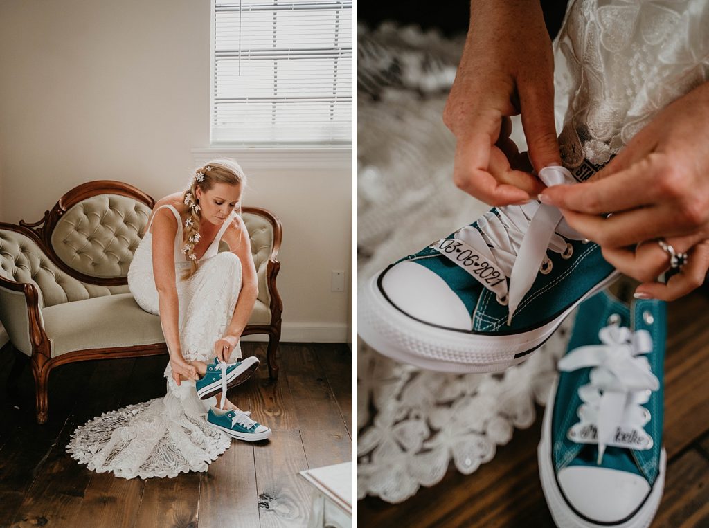 Bride getting ready putting on personalized Bridal converse sneakers The Lake House Fort Pierce Wedding Photography captured by South Florida Wedding Photographer Krystal Capone Photography 