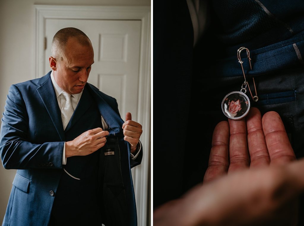 Groom showing of locket picture of late mother sentimental The Lake House Fort Pierce Wedding Photography captured by South Florida Wedding Photographer Krystal Capone Photography 
