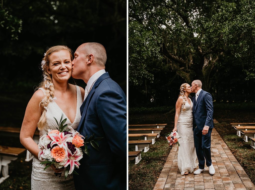 Groom kissing Bride holding bouquet and Bride and Groom kissing The Lake House Fort Pierce Wedding Photography captured by South Florida Wedding Photographer Krystal Capone Photography 