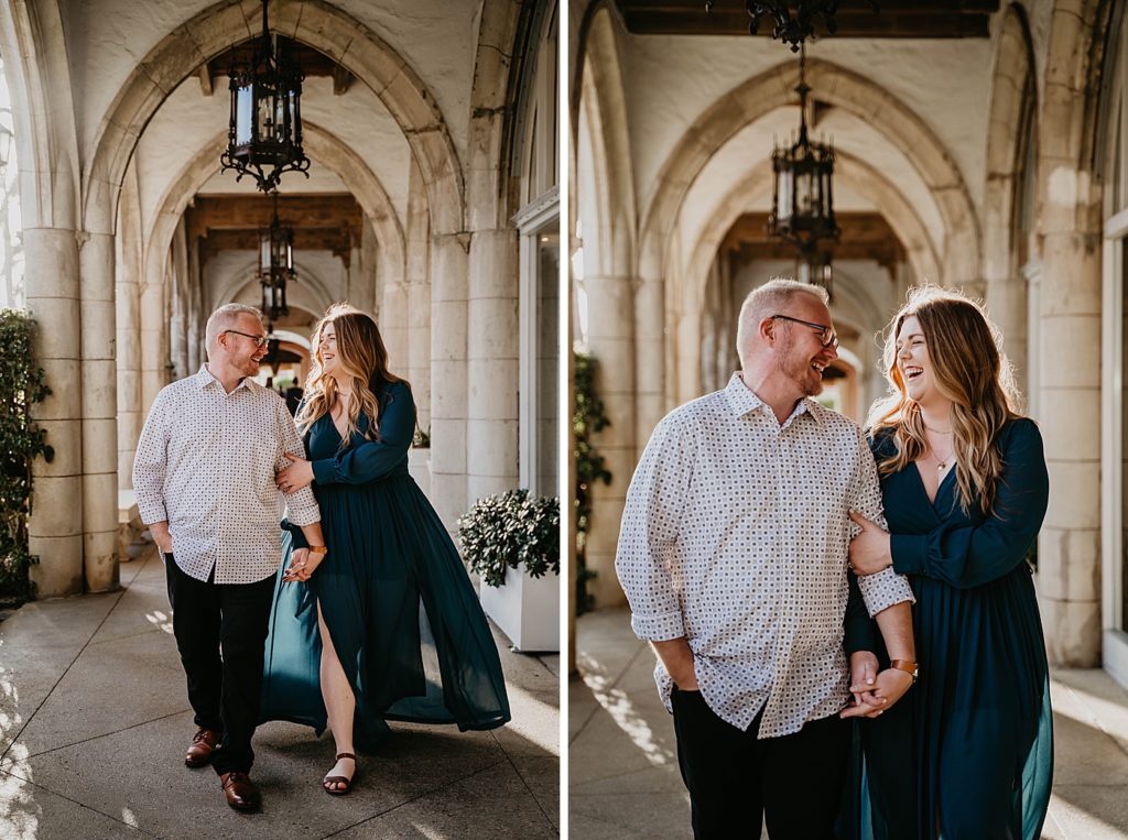 Couple walking hand in hand with lady holding man's arm down breezeway together Worth Ave Palm Beach Engagement Photography captured by South Florida Engagement Photographer Krystal Capone Photography
