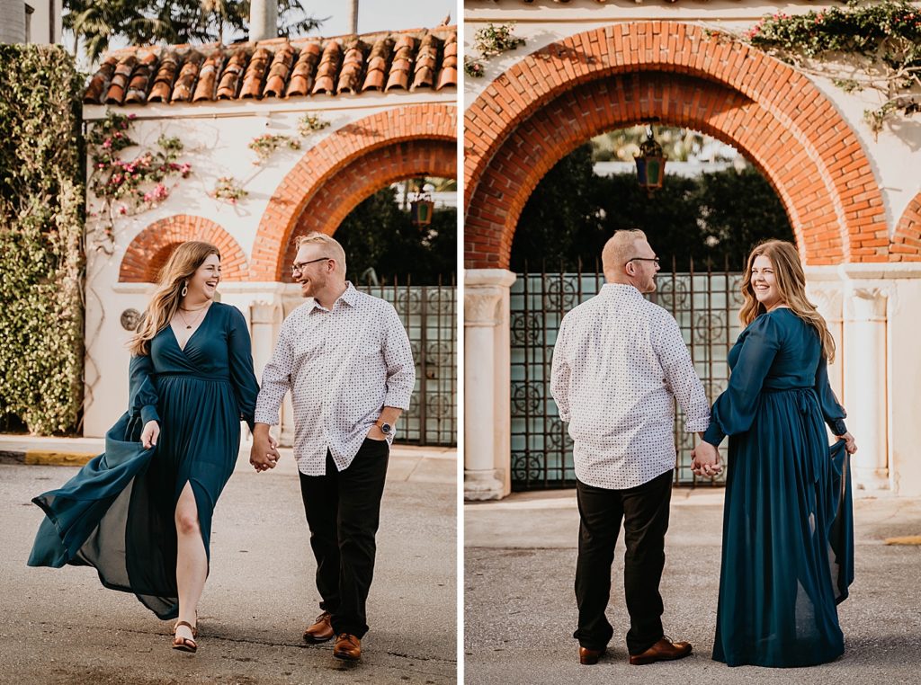 Couple holding hands and laughing as they stroll together Worth Ave Palm Beach Engagement Photography captured by South Florida Engagement Photographer Krystal Capone Photography