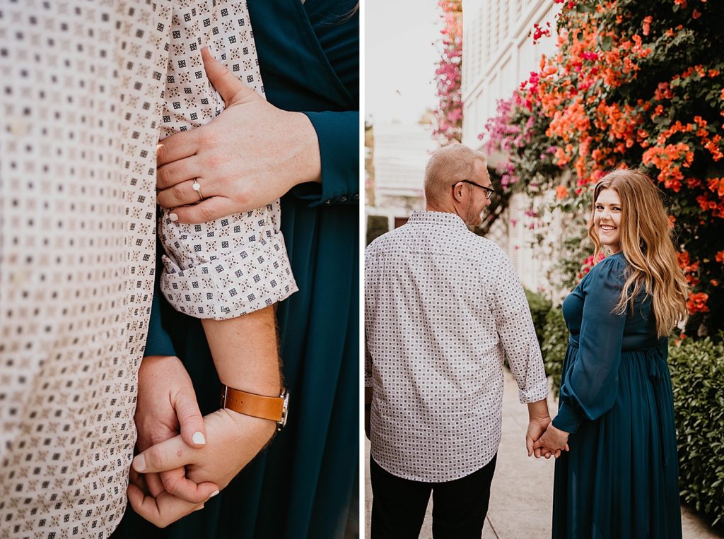 Closeup shot of couple holding each others hands and arm with beautiful engagement ring on hand Worth Ave Palm Beach Engagement Photography captured by South Florida Engagement Photographer Krystal Capone Photography