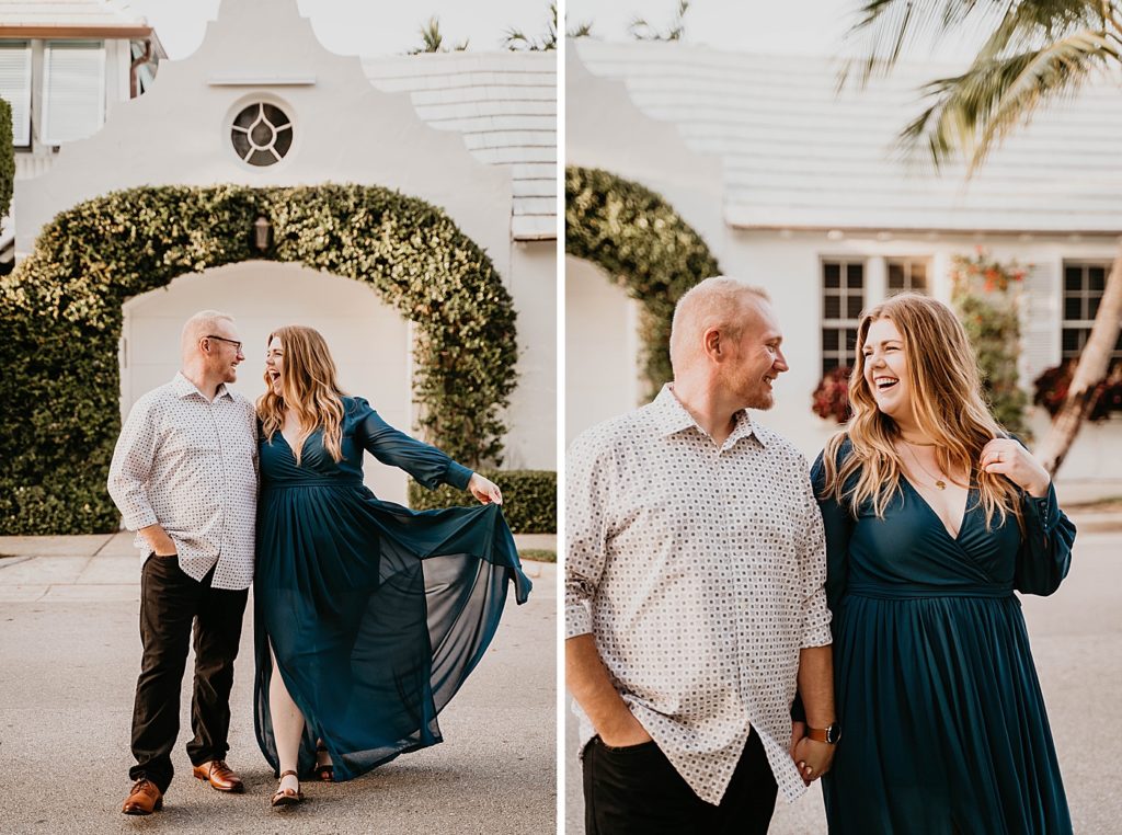 Couple holding hands and laughing together Worth Ave Palm Beach Engagement Photography captured by South Florida Engagement Photographer Krystal Capone Photography