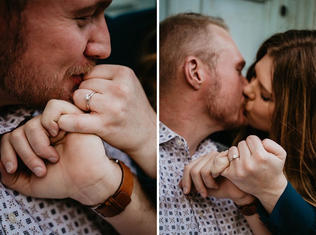 Man kisses woman's hand with diamond engagement ring on and then they hold each others pinky fingers and kiss Worth Ave Palm Beach Engagement Photography captured by South Florida Engagement Photographer Krystal Capone Photography