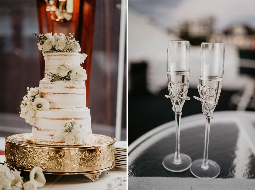 Detail shot of Wedding cake and Champaign glasses
