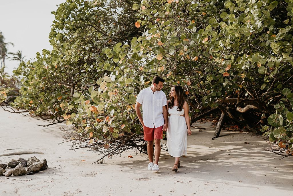 Couple holding hands and strolling by greenery on the sand