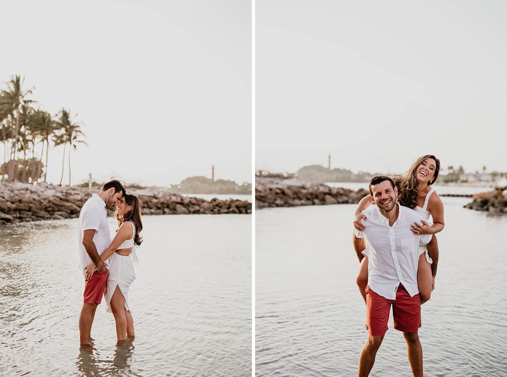 Couple standing on shallow beach water and piggy backing