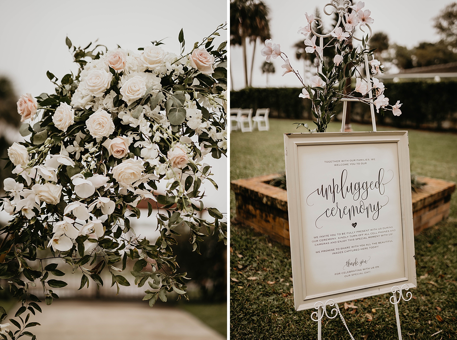 Detail shot of white roses and unplug ceremony sign