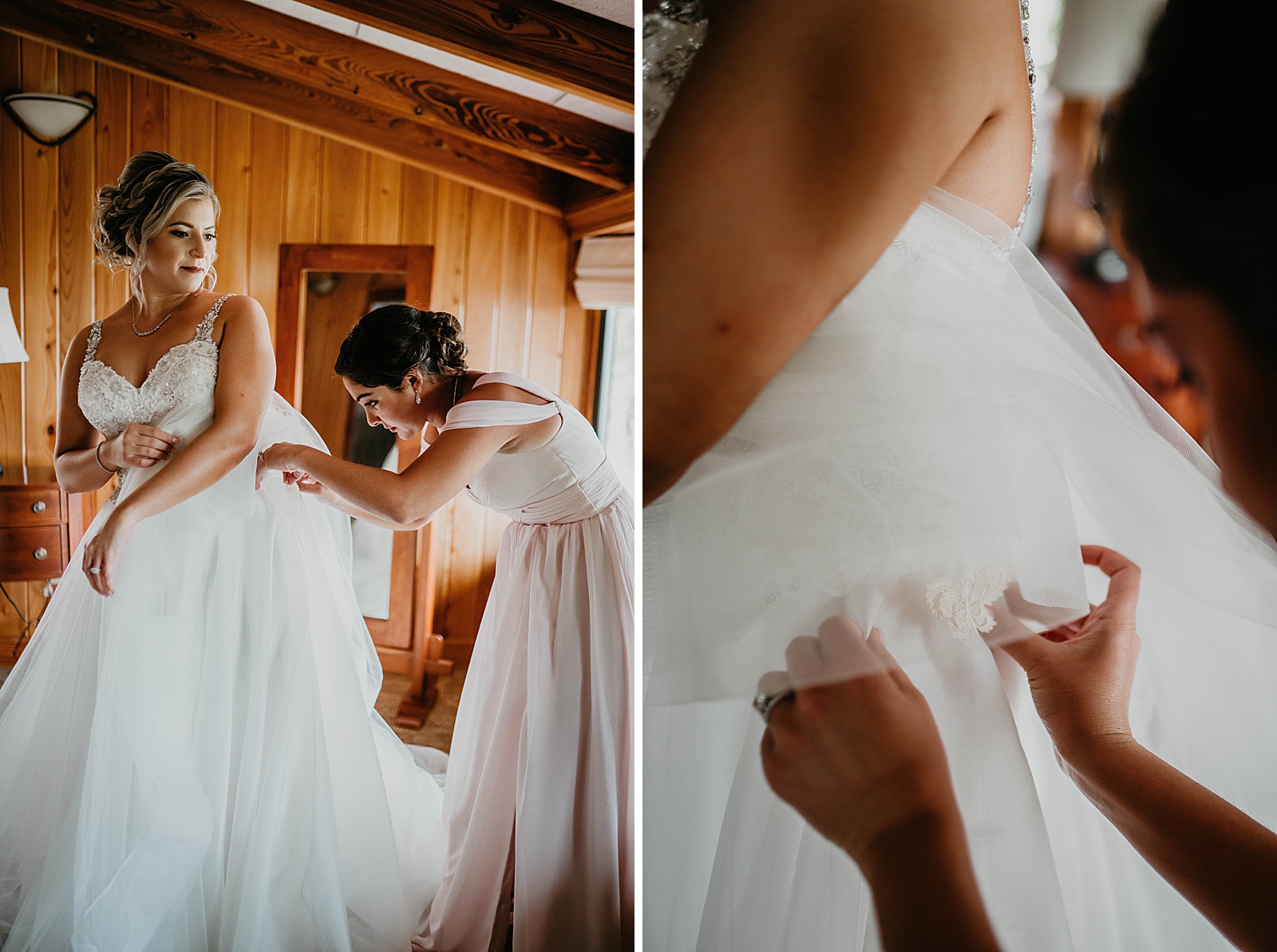 Bridesmaid helping put butterfly lace on wedding dress