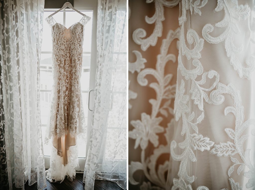Detail shot of Wedding Dress hanging by window