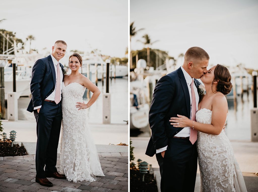 Bride and Groom portrait and kissing in front of boat dock