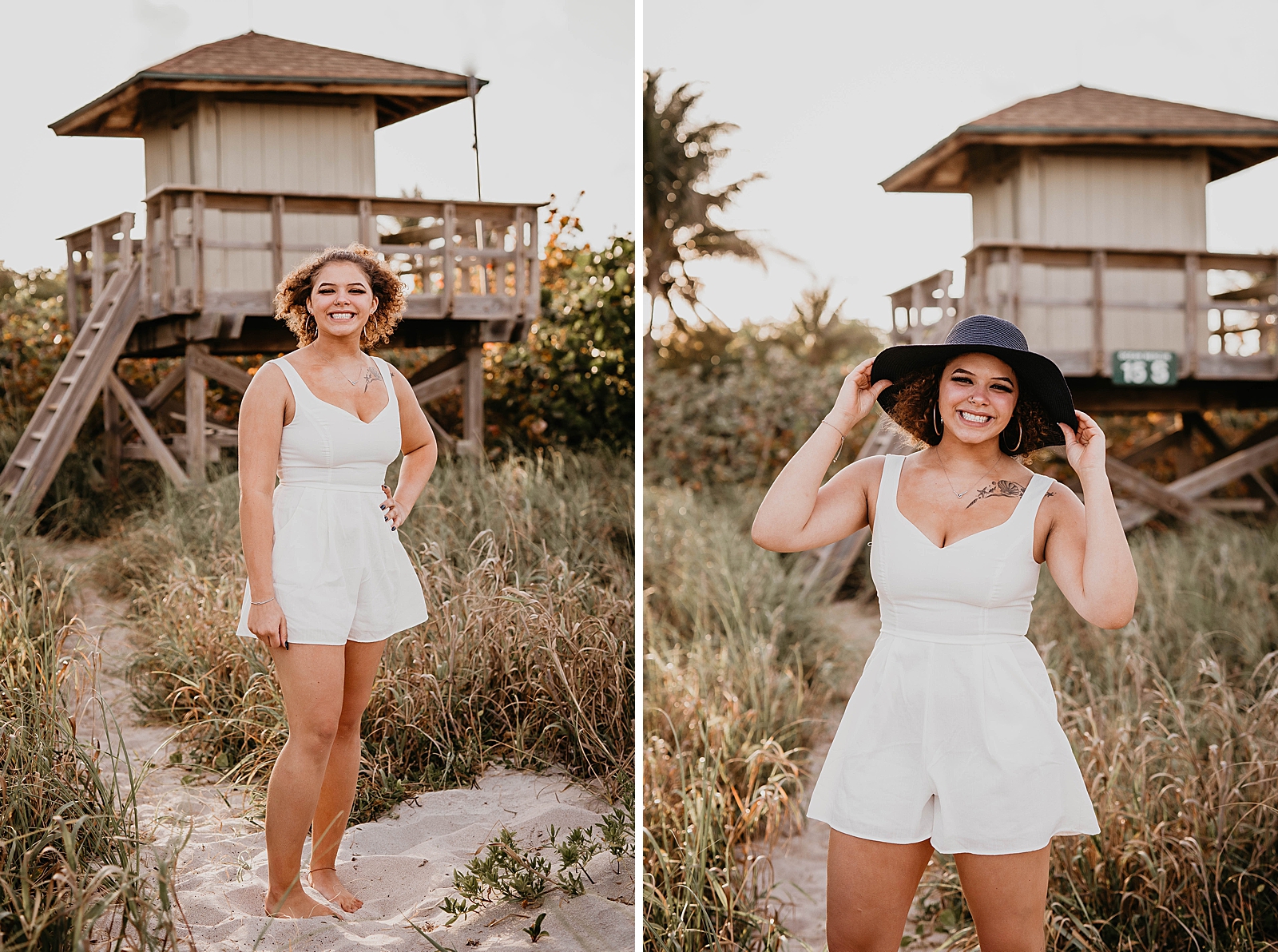 Woman posing in front of lifeguard house with hat