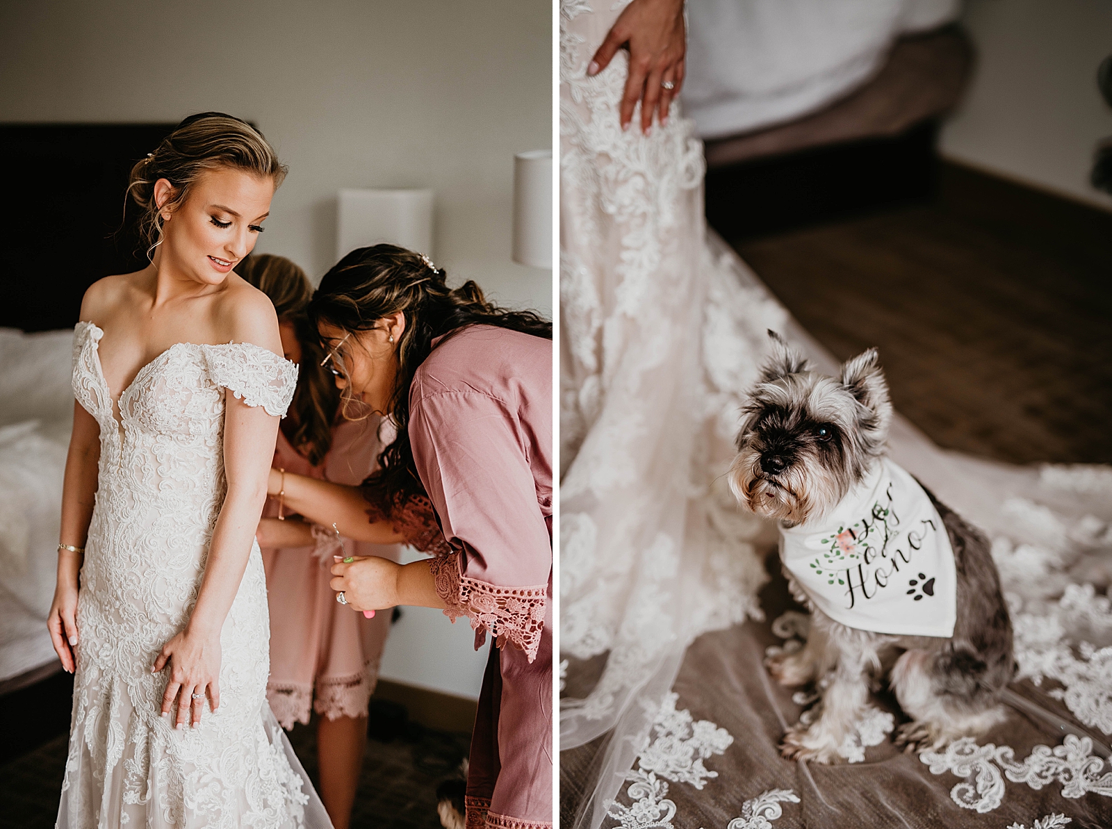 Bride getting help with dress and dog in wedding garment
