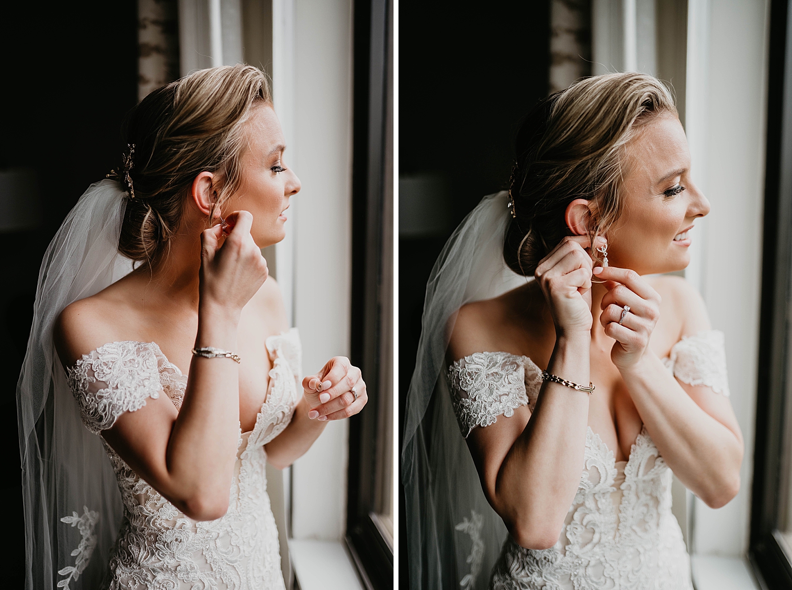 Bride putting earrings on Getting Ready