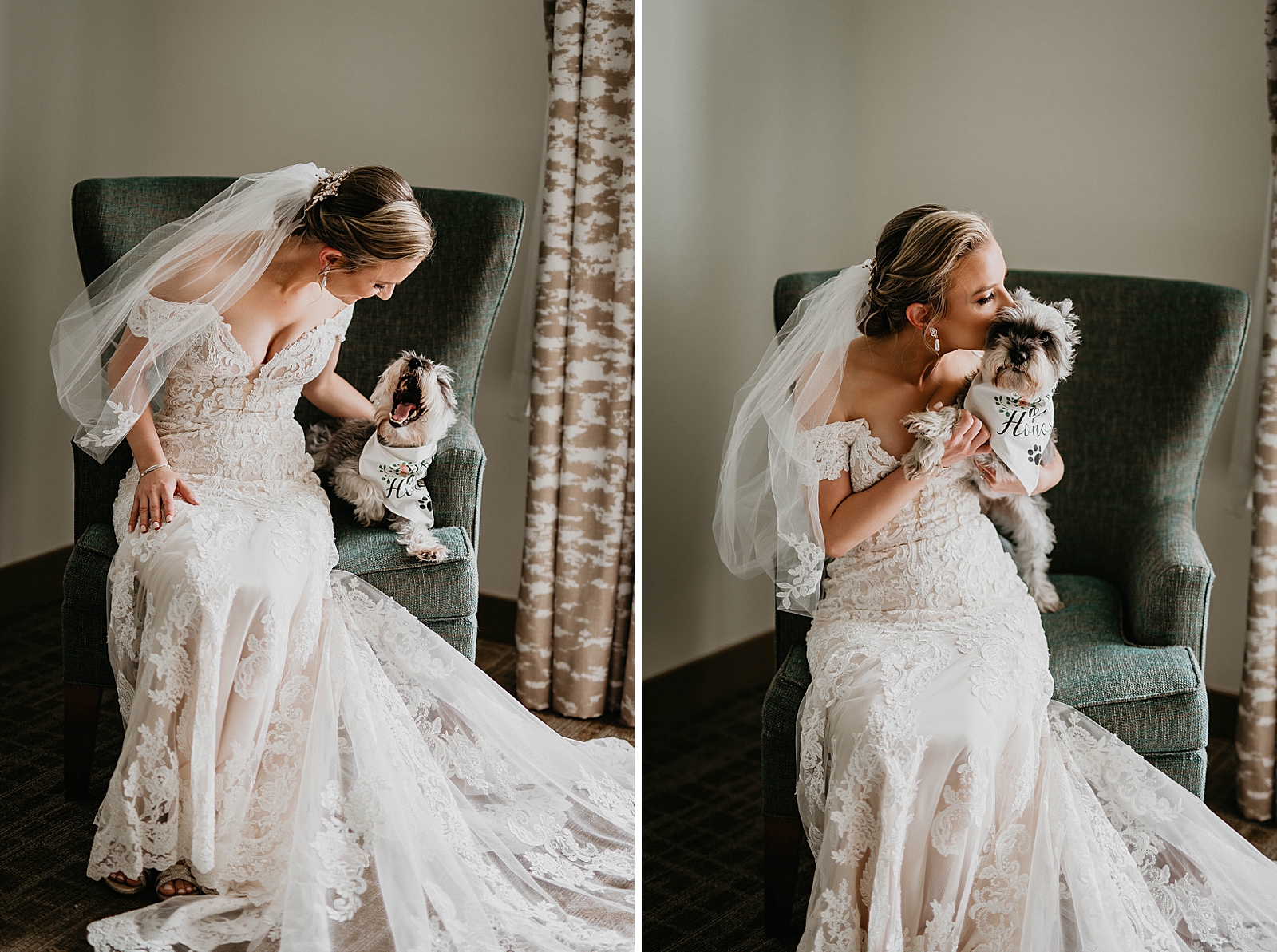 Bride sitting with dog and kissing dog